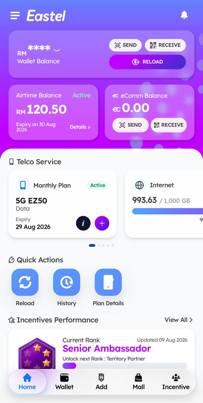 Aplikasi mudah alih EASTEL dengan wallet, pelan internet dan prestasi insentif