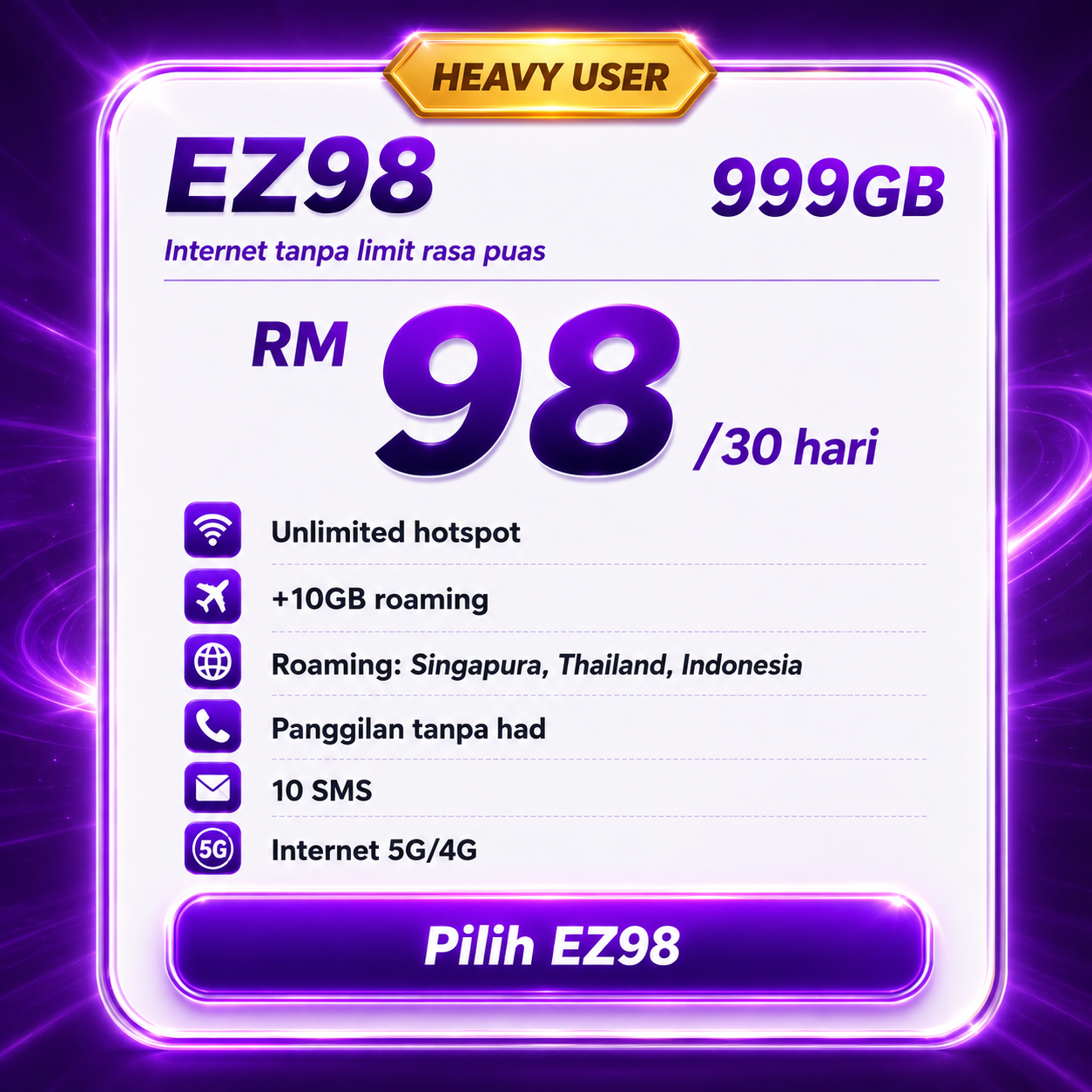 Pelan Internet EASTEL EZ98, 999GB pada RM98 untuk 30 hari